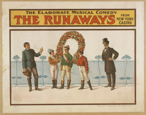 Plakat für "Elaborate Musical Comedy Runaways" aus dem New Yorker Casino, das eine Reihe von Menschen zeigt, von denen einer einen Strauß hält und Text, der die Show beschreibt.