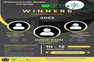 Buntes Plakat für die Wikisound Audio Speaks Kampagne mit blauem Hintergrund, gelber und weißer Schrift und Bildern von lachenden Menschen, die Gewinner feiern.