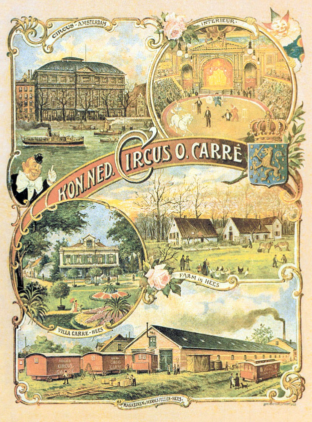 Ein farbenfrohes Zirkusposter in einer städtischen Umgebung, umgeben von Gebäuden, Bäumen und Menschen, mit bunten Illustrationen von Tieren und Text.