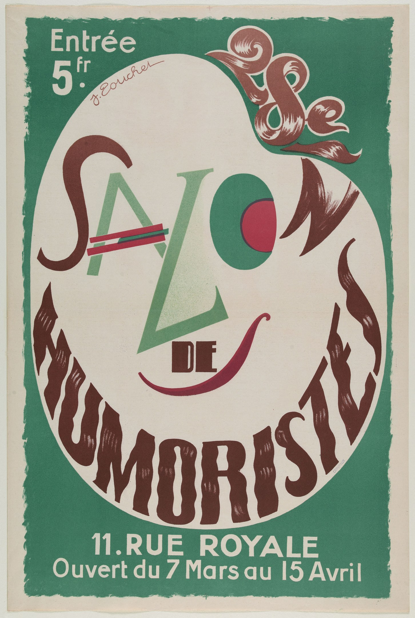 Plakat, das eine Humoristenvorstellung in Paris, Frankreich, ankündigt und Text zu den Angeboten enthält.