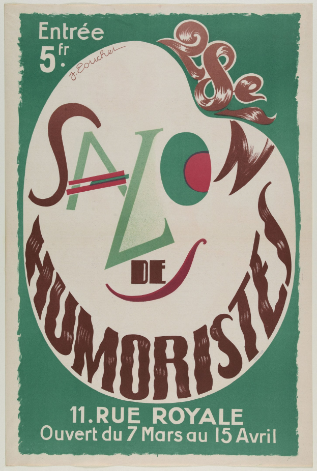 Plakat, das eine Humoristenvorstellung in Paris, Frankreich, ankündigt und Text zu den Angeboten enthält.