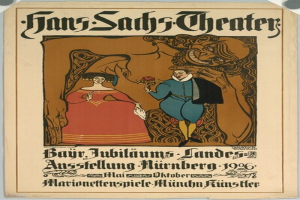 Plakat für das Hans-Sachs-Theater in München, Deutschland, das einen Mann in einem Anzug und eine Frau in einem Kleid zeigt, die nebeneinander vor einem tiefblauen Hintergrund mit funkelnden Sternen stehen.