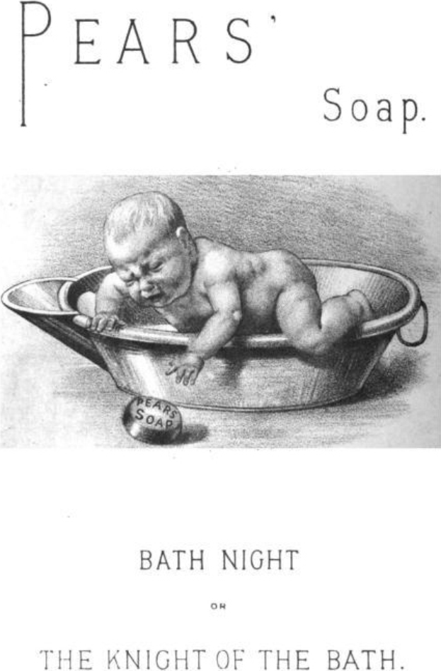 Ein Baby schläft friedlich in einer Badewanne, mit den Worten "Badezeit oder der Ritter des Bades" oben und unten auf dem Plakat.