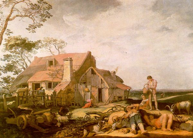 Ein Gemälde mit dem Titel "Die Farmersfrau" von Jan Brueghel dem Älteren zeigt einen Mann und eine Frau vor einem Reetdachhaus, umgeben von Tieren, einem Karren, einem hölzernen Zaun, Bäumen und einem bewölkten Himmel.
