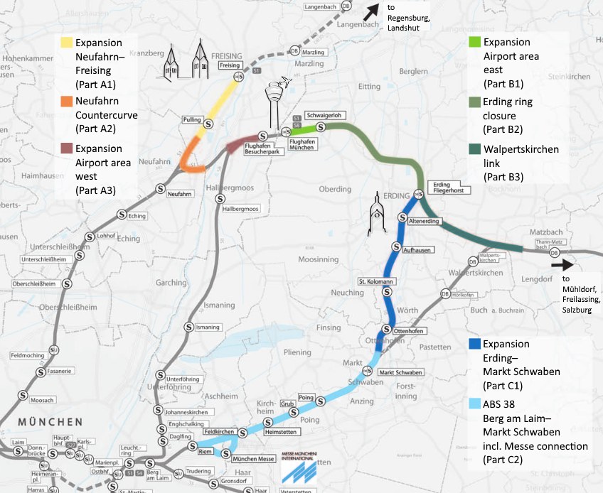 Eine detaillierte Stadtkarte mit einer hervorgehobenen Bahnroute von München nach Frankfurt, einschließlich Haltestellen und Umgebung, sowie zusätzlicher Bahninformationen.