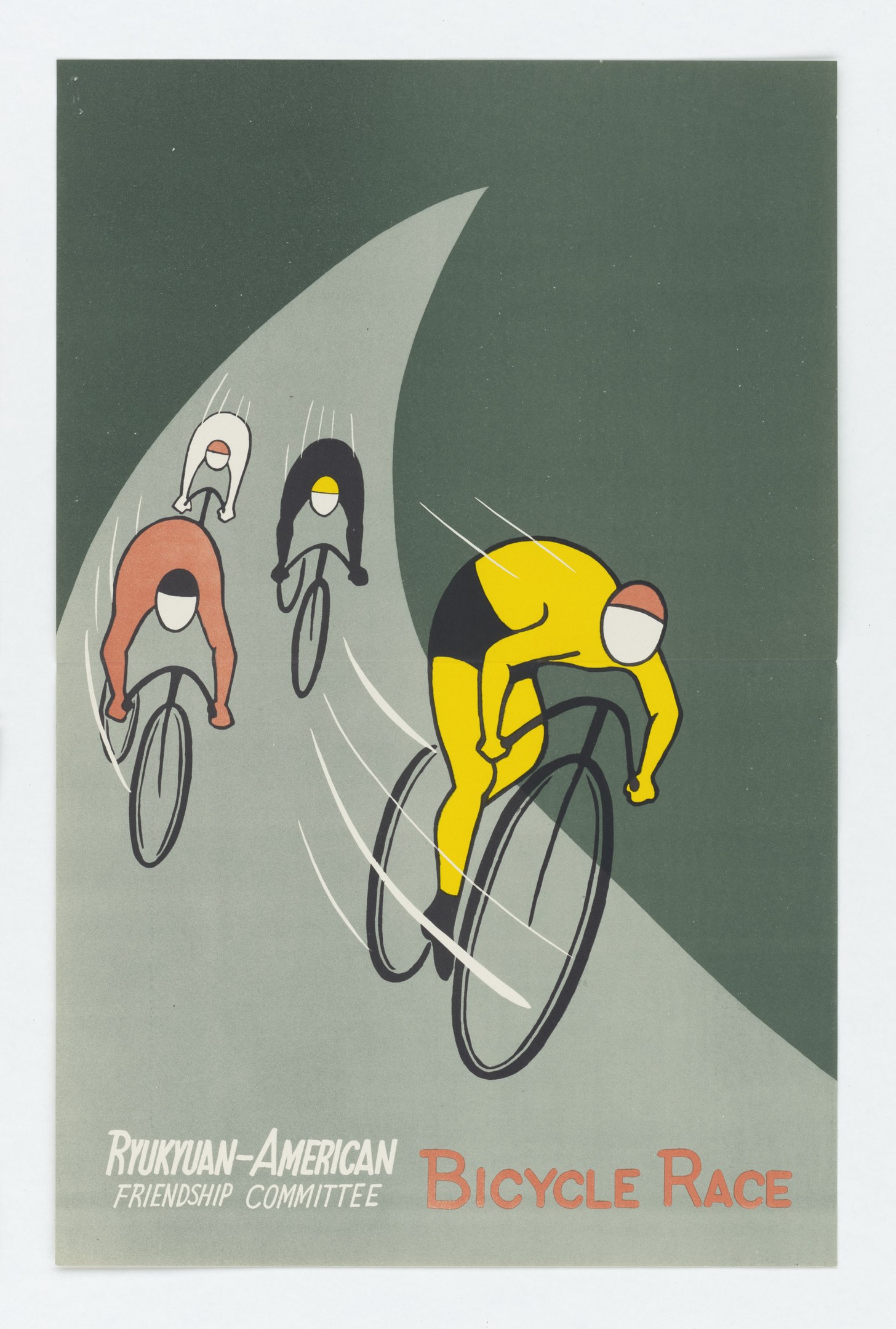 Plakat für den Ryukuan-Amerikanischen Freundschaftsausschuss Fahrradrennen, das Radfahrer in Bewegung mit Eventdetails zeigt.