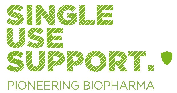 Weißer Hintergrund mit fettem grünem Text, der "single use support pioneering biopharma" lautet.