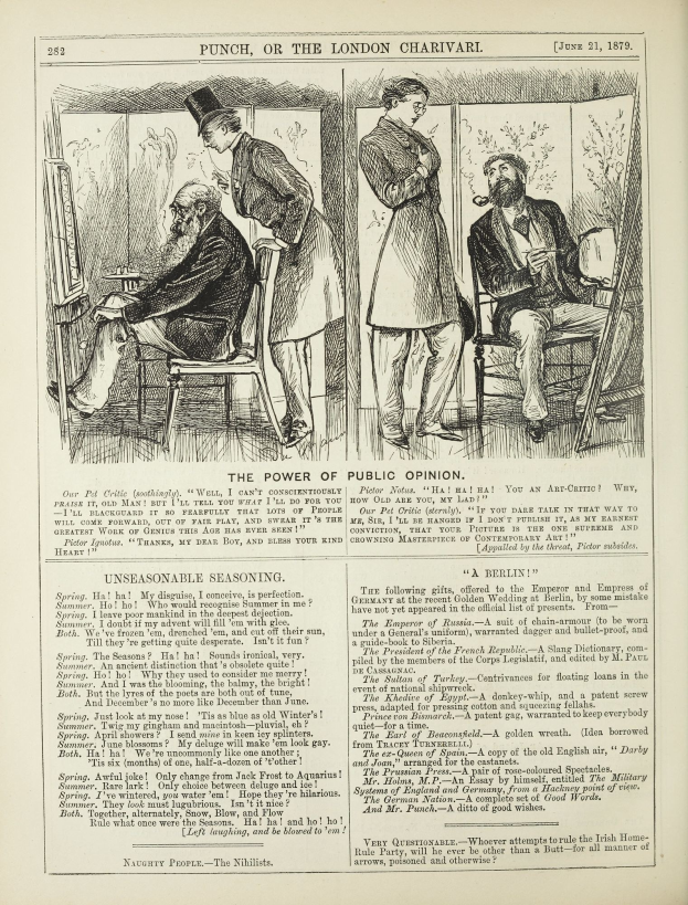 Ein Vintage-Illustration eines Mannes in einem Anzug, der in einem Stuhl sitzt und einen ernsten Gesichtsausdruck hat, und einer Frau, die neben ihm steht und nachdenklich aussieht, mit dem Text "Die Macht der öffentlichen Meinung" sichtbar.