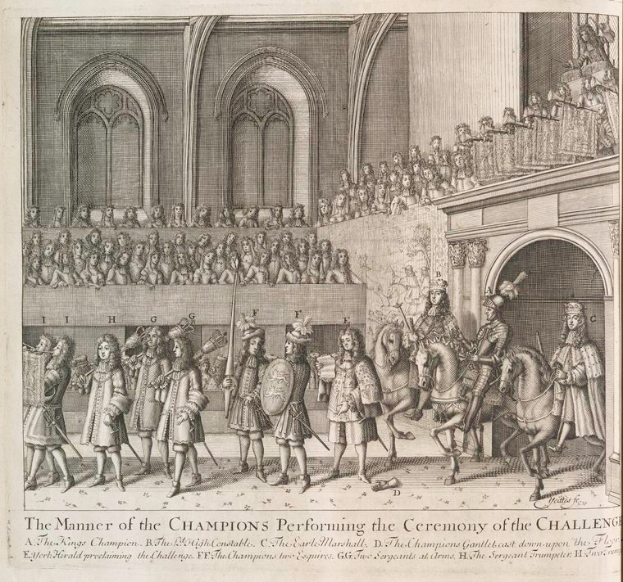 Eine Zeichnung einer Gruppe von Menschen, einige zu Pferd, die vor einer Menge mit einem Gebäude im Hintergrund stehen, mit Text unten, der "Die Art und Weise, wie die Champions die Herausforderungszeremonie durchführen" lautet.