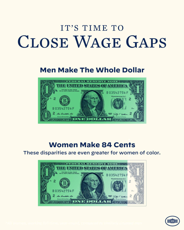 Ein Plakat mit einem Dollar-Symbol und dem Text "Es ist an der Zeit, Lohnlücken zu schließen, Männer machen den ganzen Dollar".