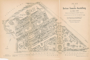 Ein detaillierter alter Stadtplan von Berlin, Deutschland, aus dem Jahr 1879, der die Berliner Gewerbe-Ausstellung mit beschrifteten Stra├čen, Parks, Landmarken und Geb├Ąuden zeigt.