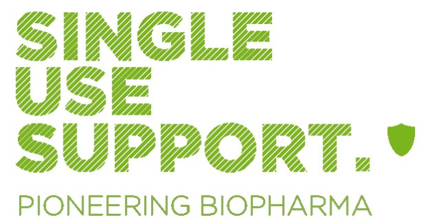 Weißer Hintergrund mit fettgrüner Schrift, die "single use support pioneering biopharma" liest.