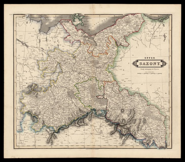 Ein detailliertes altes Sachsen-Karte von Deutschland auf einem schwarzen Hintergrund, das Provinzen, Städte und geografische Merkmale zeigt.