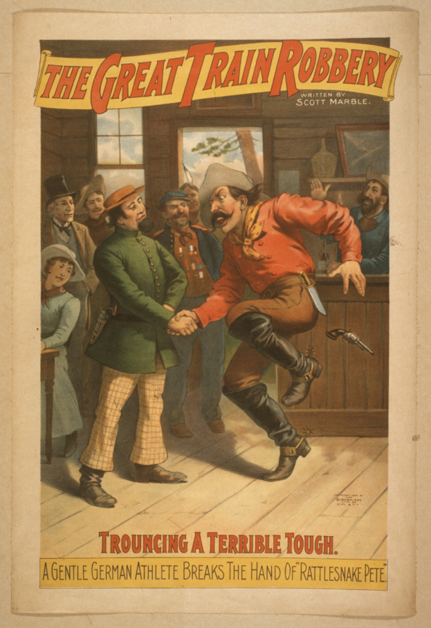 Ein Plakat, das eine Gruppe von Menschen zeigt, die drinnen stehen, einer hält eine Waffe, mit Text oben und unten 'Der große Zugraub - Trouching ein Schreckliches Tough'.