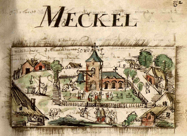 Ein altes Buch mit einer Zeichnung einer mittelalterlichen Stadt mit Häusern, Bäumen und Menschen, begleitet von begleitendem Text.