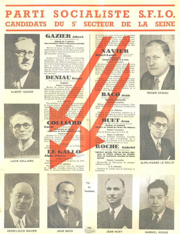 Ein Plakat mit Bildern mehrerer Personen und Text, der "Parti Socialiste S.F.I.O. Kandidaten des 5. Sektors der Seine" lautet, mit einem roten Pfeil nach rechts.