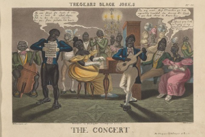 Eine Gruppe von Menschen, die in einem Raum mit einem Kronleuchter und einem Schrank im Hintergrund Musikinstrumente spielen, mit einem Text am unteren Rand, der "Tregear's Black Jokes: The Concert" lautet.