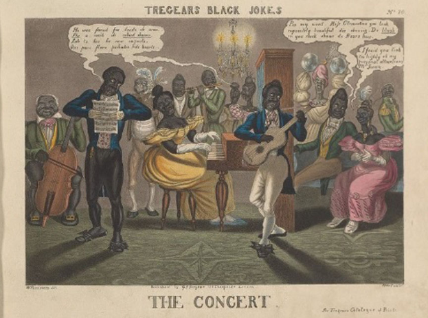 Eine Gruppe von Menschen, die in einem Raum mit einem Kronleuchter und einem Schrank im Hintergrund Musikinstrumente spielen, mit einem Text am unteren Rand, der "Tregear's Black Jokes: The Concert" lautet.