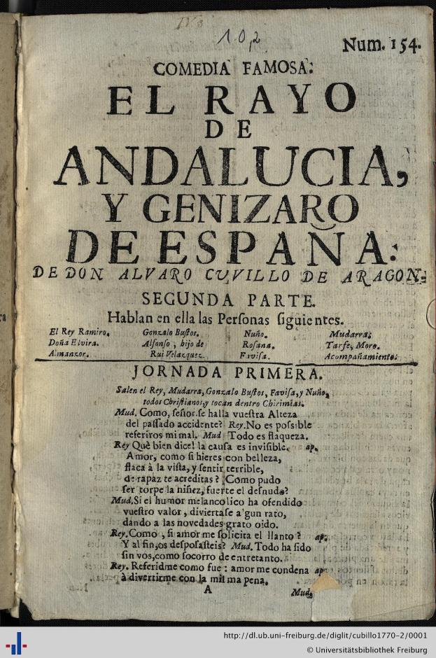 Offenes Buch mit dem Titel 'El Rayo de Andalucia y Genizar de España' in fettem schwarzen Text auf leicht gelblichen Seiten, wahrscheinlich eine Sammlung von Komödien.