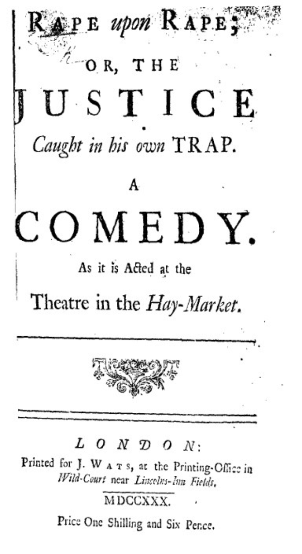 Ein schwarz-weißes Plakat mit fetter, schwarzer Schrift, auf dem steht: "Vergewaltigung auf Vergewaltigung oder die Gerechtigkeit, die in ihrer eigenen Falle gefangen ist", wahrscheinlich Ankündigung einer Comedy-Show.