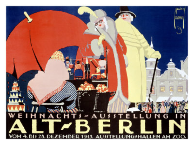 Ein Plakat, das eine Zirkusveranstaltung in Berlin, Deutschland ankündigt, mit einer farbenfrohen Illustration von Menschen, Gebäuden und anderen Gegenständen und dem Text "Weihnachts Ausstellung in Alt-Berlin" darüber.
