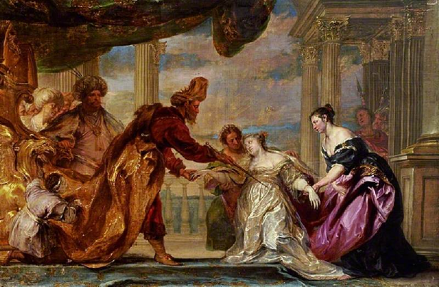 Ein Gemälde namens "Die Hochzeit des verlorenen Sohns" von Jean-Honore Fragonard, das einen Mann und eine Frau zeigt, die sich an den Händen halten, in einem Raum mit Säulen, einem Geländer und einem bewölkten Himmel im Hintergrund.