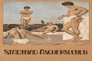 Plakat wirbt für ein Schwimmbad in Aschersleben, Deutschland, mit Menschen im Wasser und sitzender Person sowie Text mit Pool-Informationen.