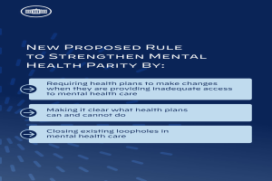 Ein blauer Hintergrund mit weißer Schrift und einem weißen Kreis-Logo mit blauer Umrandung, das eine neue Regel zur Stärkung der mentalen Gesundheit vorschlägt.