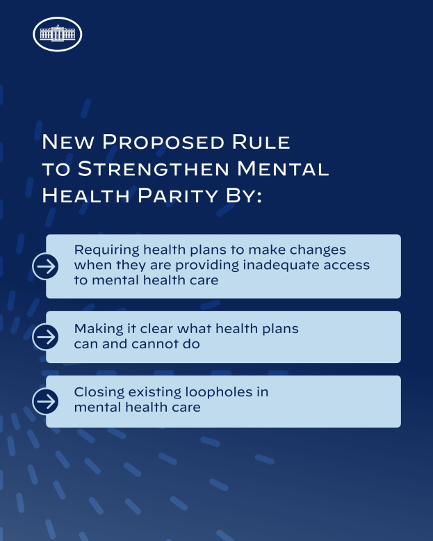 Ein blauer Hintergrund mit weißer Schrift und einem weißen Kreis-Logo mit blauer Umrandung, das eine neue Regel zur Stärkung der mentalen Gesundheit vorschlägt.