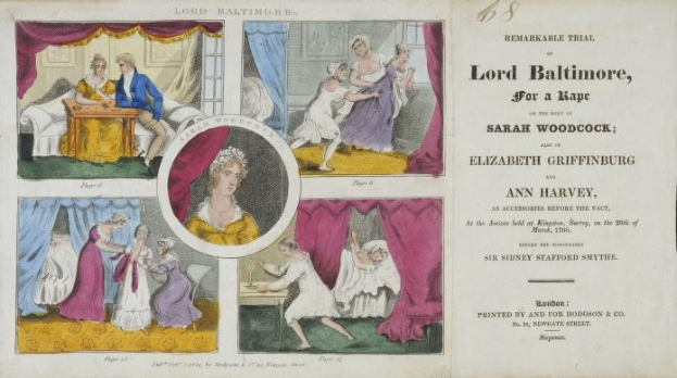 Illustration eines historischen Prozesses gegen Lord Baltimore mit einem Dokument mit Porträts, Vorhängen und Text.