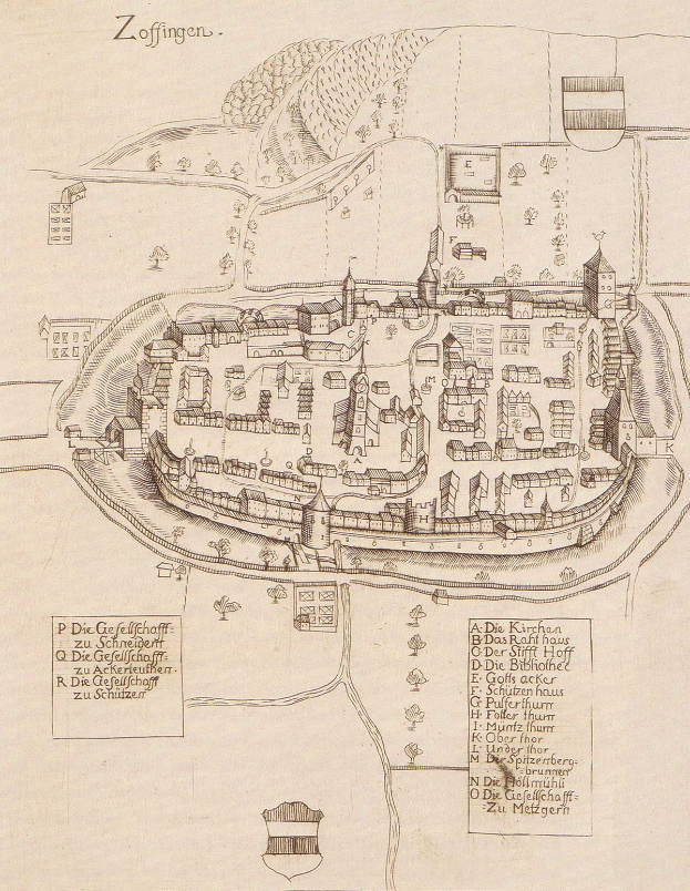 Ein altes, detailliertes Stadtplan von Zoffingen, Deutschland, das Straßen, Gebäude, Bäume und Text zeigt, der die Stadtplanung, Größe, Lage und Geschichte beschreibt.