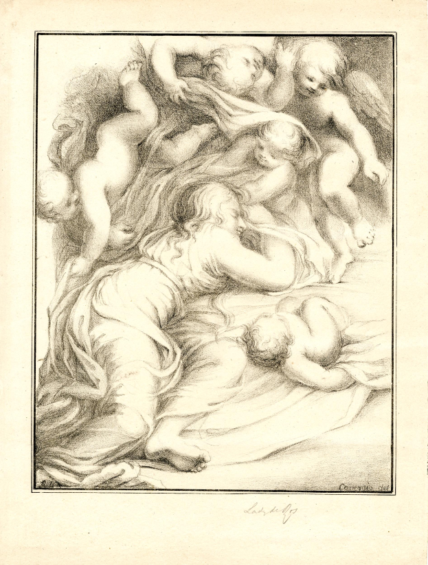 Eine Zeichnung einer Frau auf einem Bett umgeben von einer Gruppe von Kindern, die bewundernd zu ihr aufschauen, mit Text unten, der ein Gefühl von Frieden und Ruhe vermittelt.