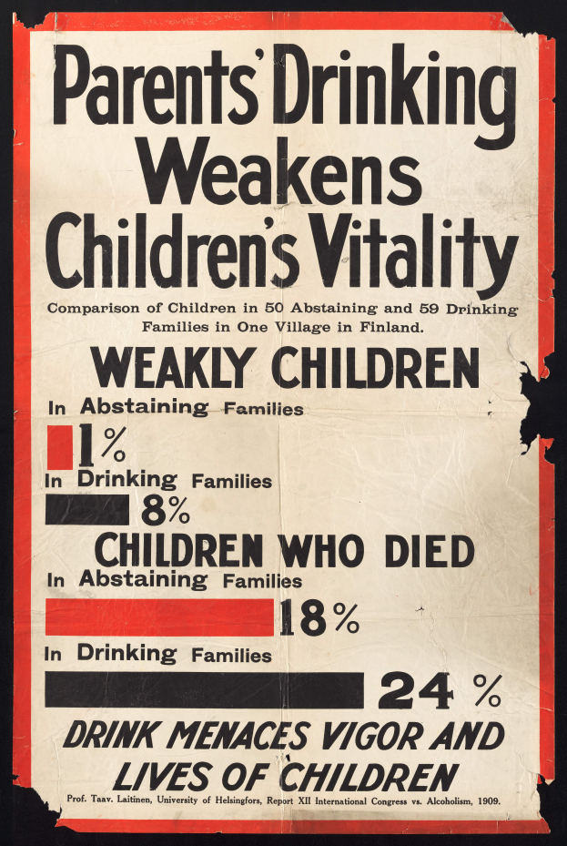 Ein Plakat mit fetter schwarzer Schrift auf einem weißen Hintergrund, eingerahmt von einem schmalen schwarzen Rand, trägt die Aufschrift "Eltern trinken schwächt Kinder" und zeigt ein Bild einer Hand, die ein Glas Wasser hält.