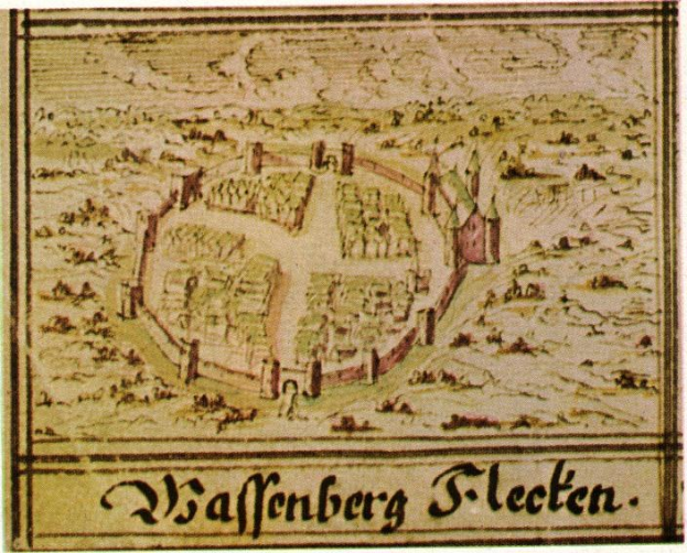 Alte detaillierte Karte von Waffenberg-Sleeten, Deutschland, zeigt Straßen, Gebäude und andere Stadtmerkmale mit Text unten.