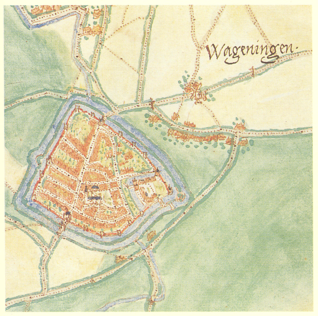 Ein detaillierter Stadtplan von Wageningen, Deutschland, der Straßen, Gebäude und Sehenswürdigkeiten zeigt.