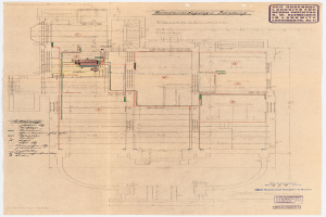 Ein detaillierter architektonischer Grundriss des Rosenhof-Krankenhauses in Hamburg, Deutschland, mit zahlreichen Drähten und Texten, die den Aufbau beschreiben, einschließlich Räumen, Fluren und anderen Merkmalen.