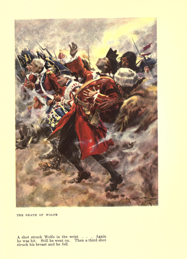 Ein Plakat zeigt eine Gruppe ängstlicher Menschen, einige schauen nach oben, andere nach unten, mit der Aufschrift 'Der Tod von Wolfe' unten, in gedämpften Farben.