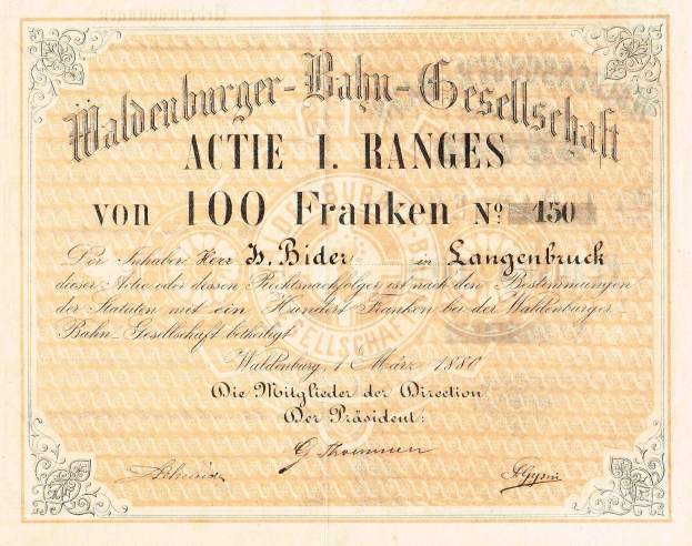 Alte deutsche Banknote mit Porträt eines Mannes und Text 'Haldenburger-Balm Gesellschaft Actie 1 Ranges'.