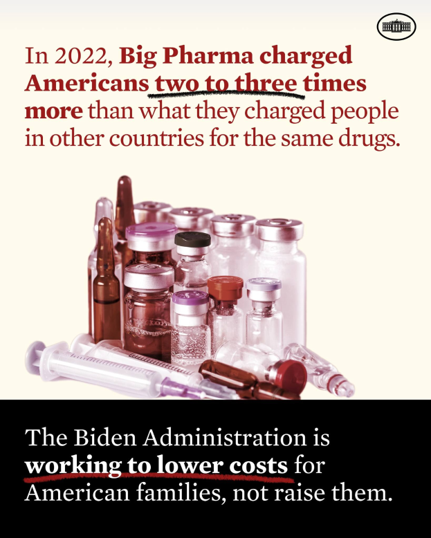 Plakat, das zeigt, dass Big Pharma 2022 Amerikanern zwei bis drei Mal so viel für die gleichen Medikamente berechnet hat wie in anderen Ländern, mit Bildern von Medikamentenflaschen und einer Spritze.