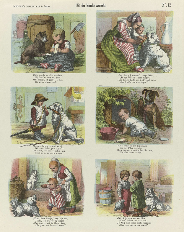 Ein Buchseite mit Kindern in bunter Kleidung, verschiedenen Hundewelpen und Kursivtext innerhalb eines verzierten Rahmens.