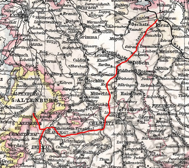 Alte Deutschlandkarte mit einer gewundenen roten Linie, die durch sie verläuft und detaillierte Städte und Ortschaften zeigt.