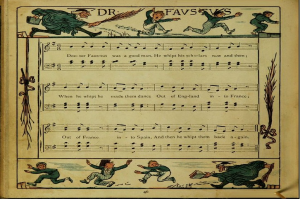 Eine bunte Illustration von tanzenden Menschen ist auf einer offenen, alten Buchseite zu sehen, die auch Text in verschiedenen Schriften und Farben enthält.