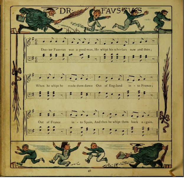 Eine bunte Illustration von tanzenden Menschen ist auf einer offenen, alten Buchseite zu sehen, die auch Text in verschiedenen Schriften und Farben enthält.