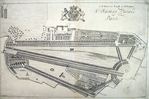 Ein detaillierter Plan von St. James Palace und Park in London, der Gebäude, Wege und andere Merkmale zeigt, mit einem Logo und Text auf dem Papier.