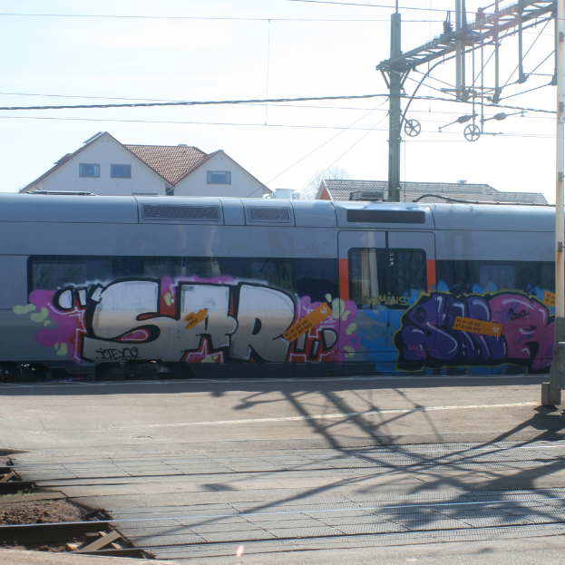 Graffiti bedeckt die Seite eines Zuges mit sichtbaren Kabeln und Häuser mit Fenstern sind im Hintergrund zu sehen.