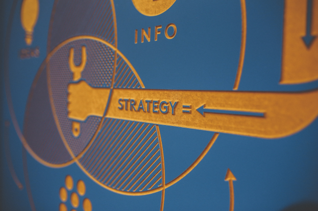 Ein Close-up eines blauen und goldenen Business-Karten mit dem Wort "Strategie" in klarer, lesbarer Schrift, vor einem unscharfen Hintergrund.