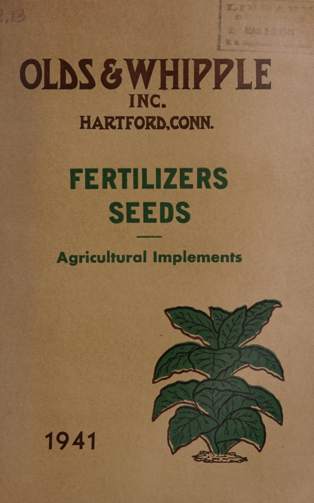 Altes Buchcover aus dem Jahr 1941 mit dem Titel "Fertilizers Seeds Agricultural Implements" mit einer Illustration eines grünen Pflanzen.