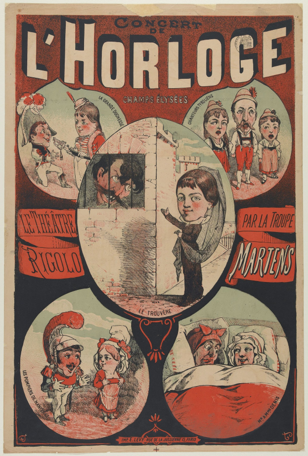 Plakat für ein Konzert im Chorloge-Theater in Paris mit einer Gruppe in bunten Kostümen umgeben von Text.