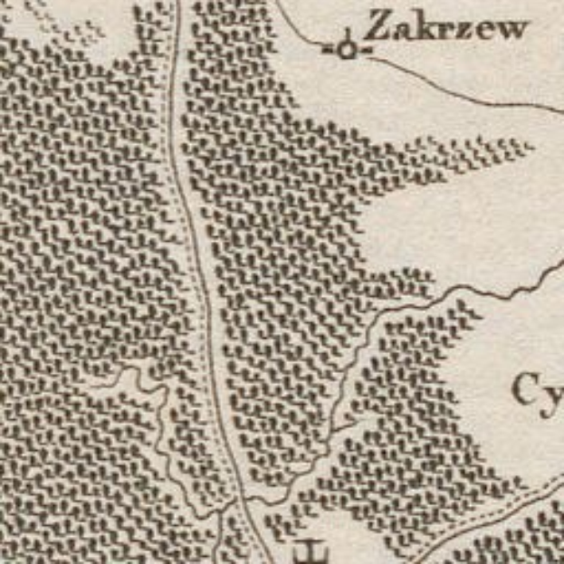 Ein detaillierter alter Stadtplan von Zakrzew, Polen, der Straßen, Gebäude, Sehenswürdigkeiten und Text enthält, der die Bevölkerung, Geschichte und Kultur der Stadt beschreibt.