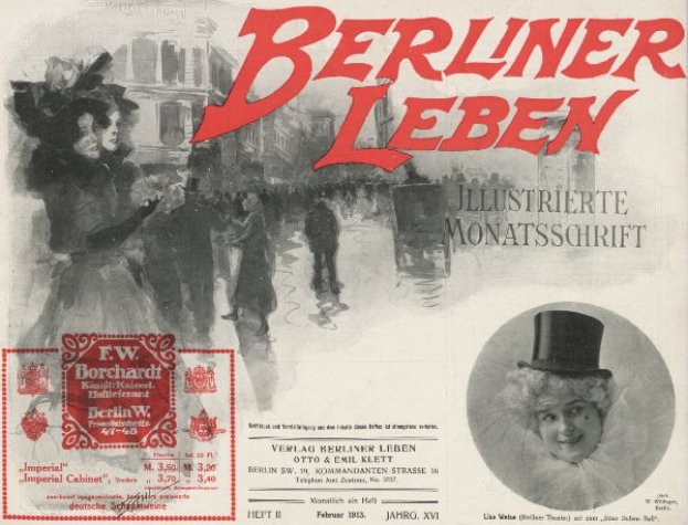 Eine Frau im Zylinder und ein Mann im Anzug sind in einer Werbung für das Berliner Leben Theater zu sehen, mit Text, einem Stempel und Gebäuden im Hintergrund.
